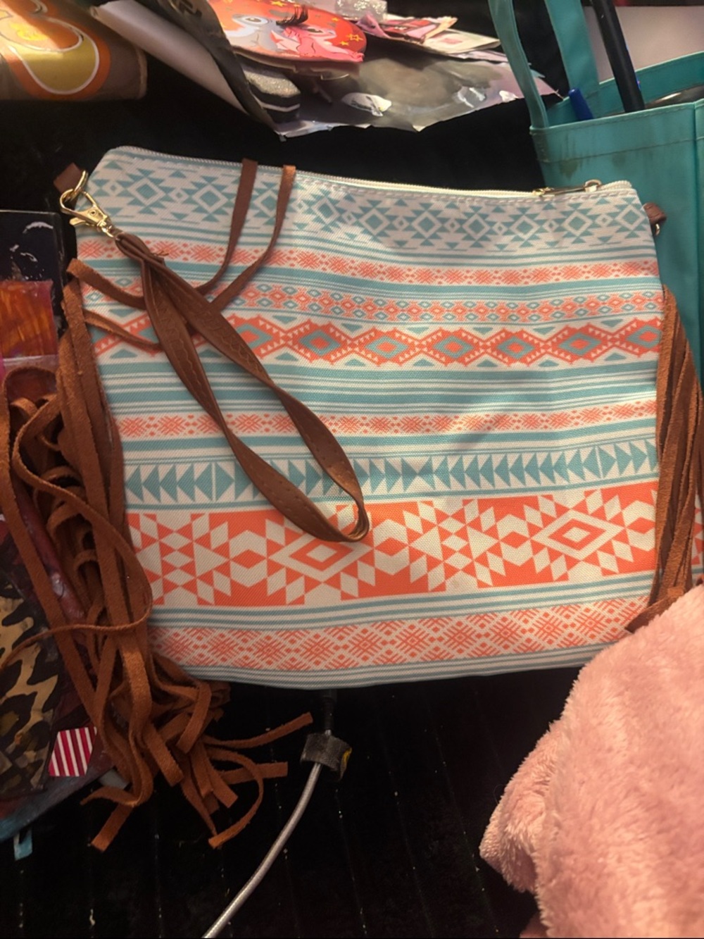 Fringe Aztec Print Crossbody Bag - Coral & Teal